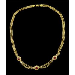 18ct gold cabochon ruby and cubic zirconia, flattened curb link chain necklace,s stamped 750
