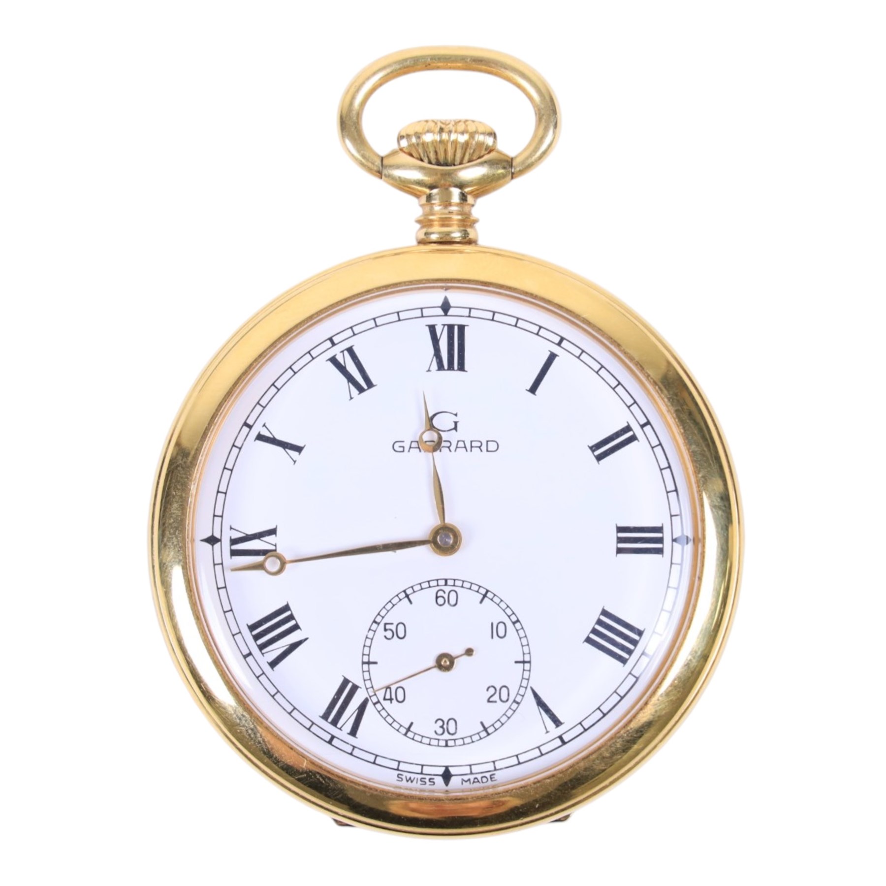 Silver pocket watch on silver plated chain, gold plated Garrard pocket watch with presentation engraving on reverse and one other