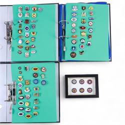 Amateur rugby league enamel badge collection, teams including Birmingham Bulldogs, Bridlington, Dudley Hill, Duke of York, Edinburgh Eagles, Guiseley, Rangers, Huntingdon, Keighley Town, Leigh Miners, Pilkington Recs, St Josephs, Thornhill Trojans, West London Sharks etc, all displayed in three folders and six amateur league badges from Leeds & District, Hull & District, York & District, Warrington, Lancashire County and Yorks County in box display, (approximately 270)