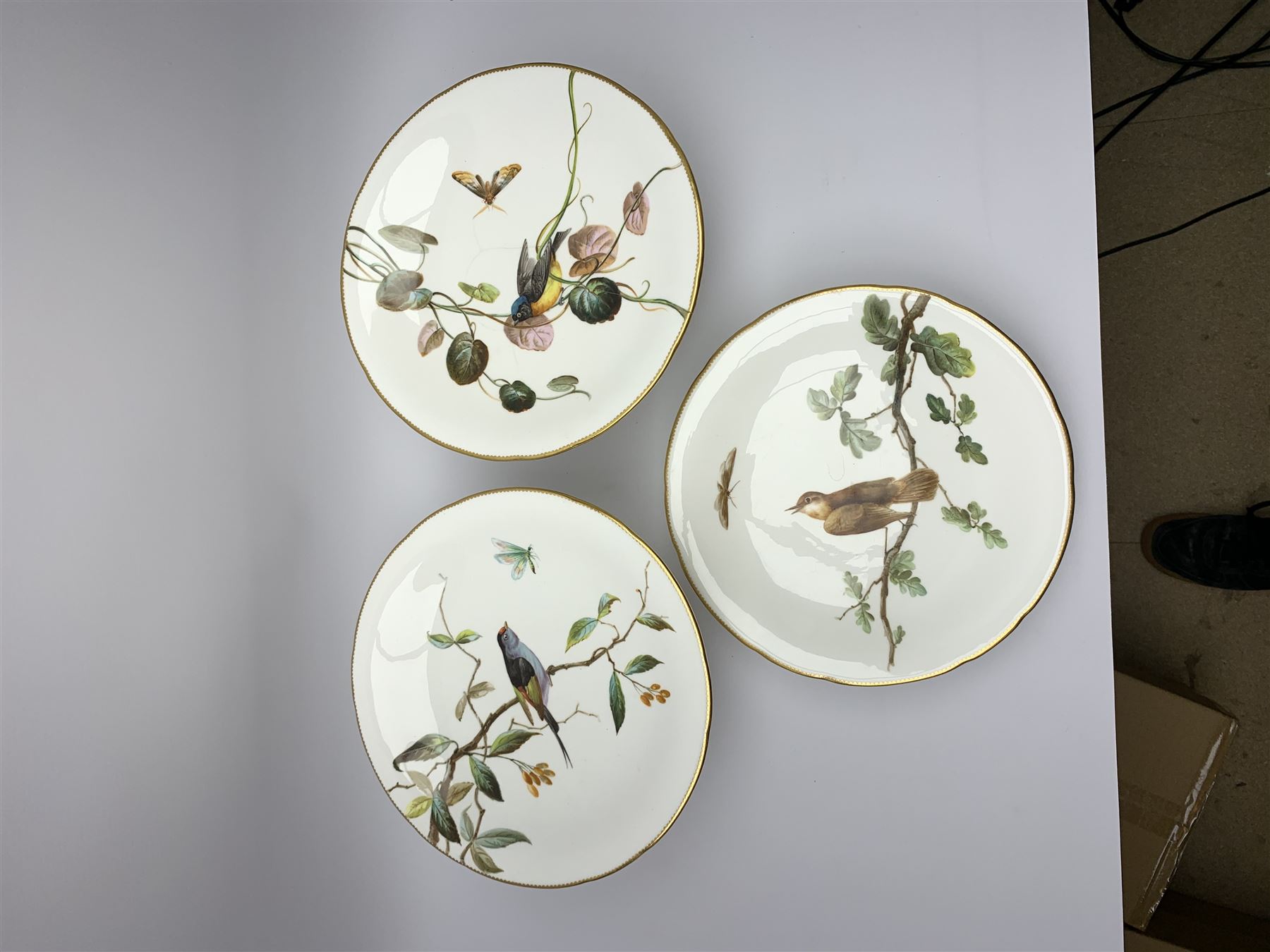 19th century Minton dessert service, comprising four comports, one tazza, and twelve plates, each hand painted with birds perched upon branches, and further detailed with insects and heightened in gilt, with printed retailers mark beneath for John Mortlock Oxford Street London, and impressed Minton mark to most, comport H13.5cm, plates D23.5cm. 
