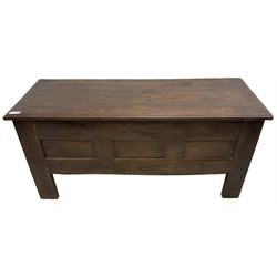 Large 18th century oak coffer or chest, rectangular hinged top with moulded edge, over panelled sides with moulded rails, raised on stile supports