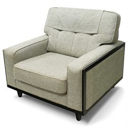 G Plan - ‘Agatha’ armchair, upholstered in light grey chenille fabric with buttoned backre...