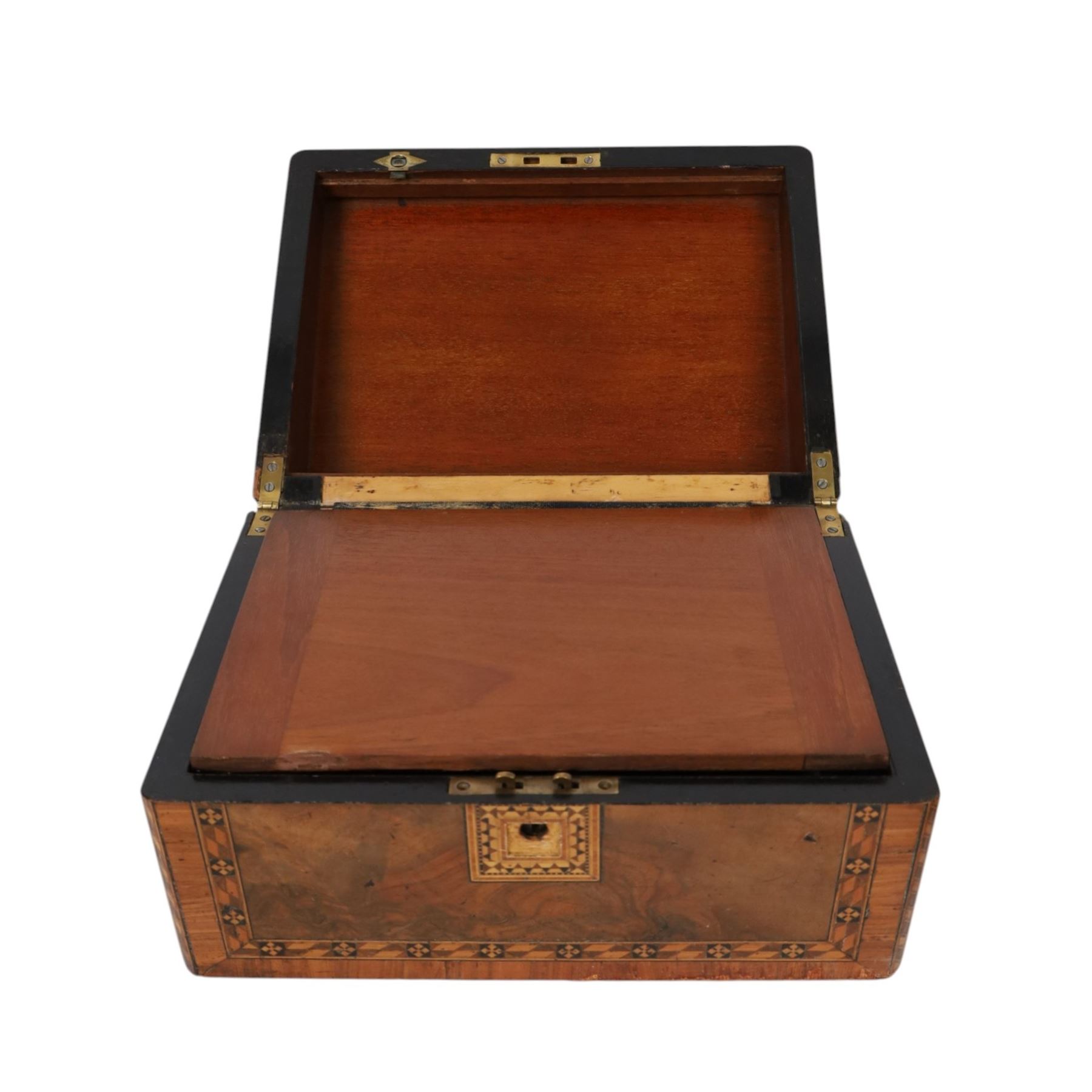 19th century burr-walnut writing slope, with inlaid mother-of-pearl decoration, fitted interior and two inkwells, together with a  parquetry writing slope, H16cm