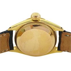 Rolex Oyster perpetual Datejust ladies 18ct gold automatic wristwatch, circa 1963, Ref. 6517, serial No. 882914, champagne dial with baton hour markers, hallmarked, on green leather strap