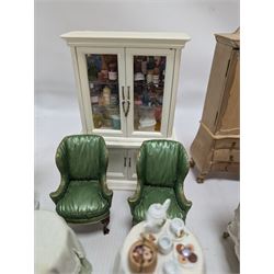 Dolls house bathroom and bedroom furniture, including bed, wardrobe, dresser filled with toiletries, shower, five figures, etc 