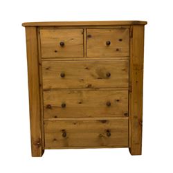 Reclaimed pine chest, fitted with two short and three long drawers
