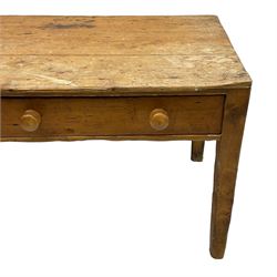 Victorian pine farmhouse dining table, rectangular three plank top over two drawers, on square tapering supports