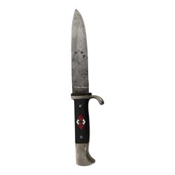 WWII German Third Reich Hitler Youth knife, the 13cm blade marked RZM M7/13, chequered black grip with inset enamel diamond shaped insignia, with scabbard and leather frog, overall L25cm