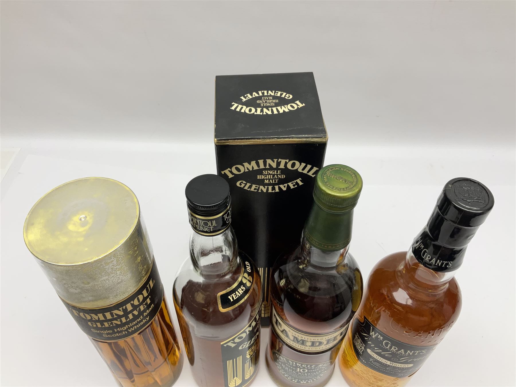 Tomintoul Glenlivet, single highland malt Scotch whisky, 1980s perfume bottling, Tomintoul Glenlivet, 8 Years Old, single malt Scotch whisky, Tamdhu, 10 year old, single malt Scotch whisky and W.M Grants, single Scotch whisky, various contents and proof 