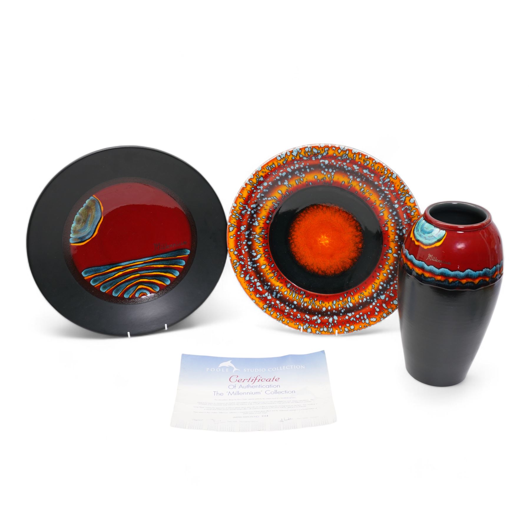 Poole Pottery Saturn Charger from the Alan Clarke 'The Planets' series, no. 1314/2000, D41cm, together with a Poole Pottery Millennium charger, no. 1035, and vase no. 1314, H34cm (3)