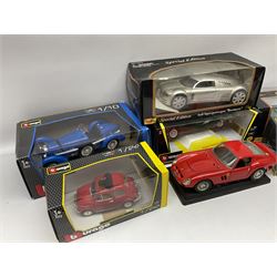 Two Maisto 1:18 scale die-cast models of Jaguar XK8 and Audi Supersportwagen 'Rosemeyer'; both boxed; two Bburago 1:24 scale models and two 1:18 scale of a Jaguar Mark II and Bugatti Type 59; all boxed; and Bburago 1:18 scale Ferrari GTO; unboxed (7) 