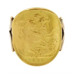 Gold curved Edward VII 1902 full sovereign ring, on rose gold soldered shank