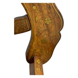 Late 20th century brass inlaid hardwood throne chair, curved X-frame form, raised shaped back inlaid with trailing leafy branches and flower heads, on sledge feet 