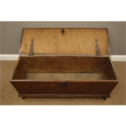  17th/18th century oak sword box coffer, moulded rectangular hinged lid with iron hinges and lock, carved with 'G.H. 1733', W110cm, H48cm, D38cm  