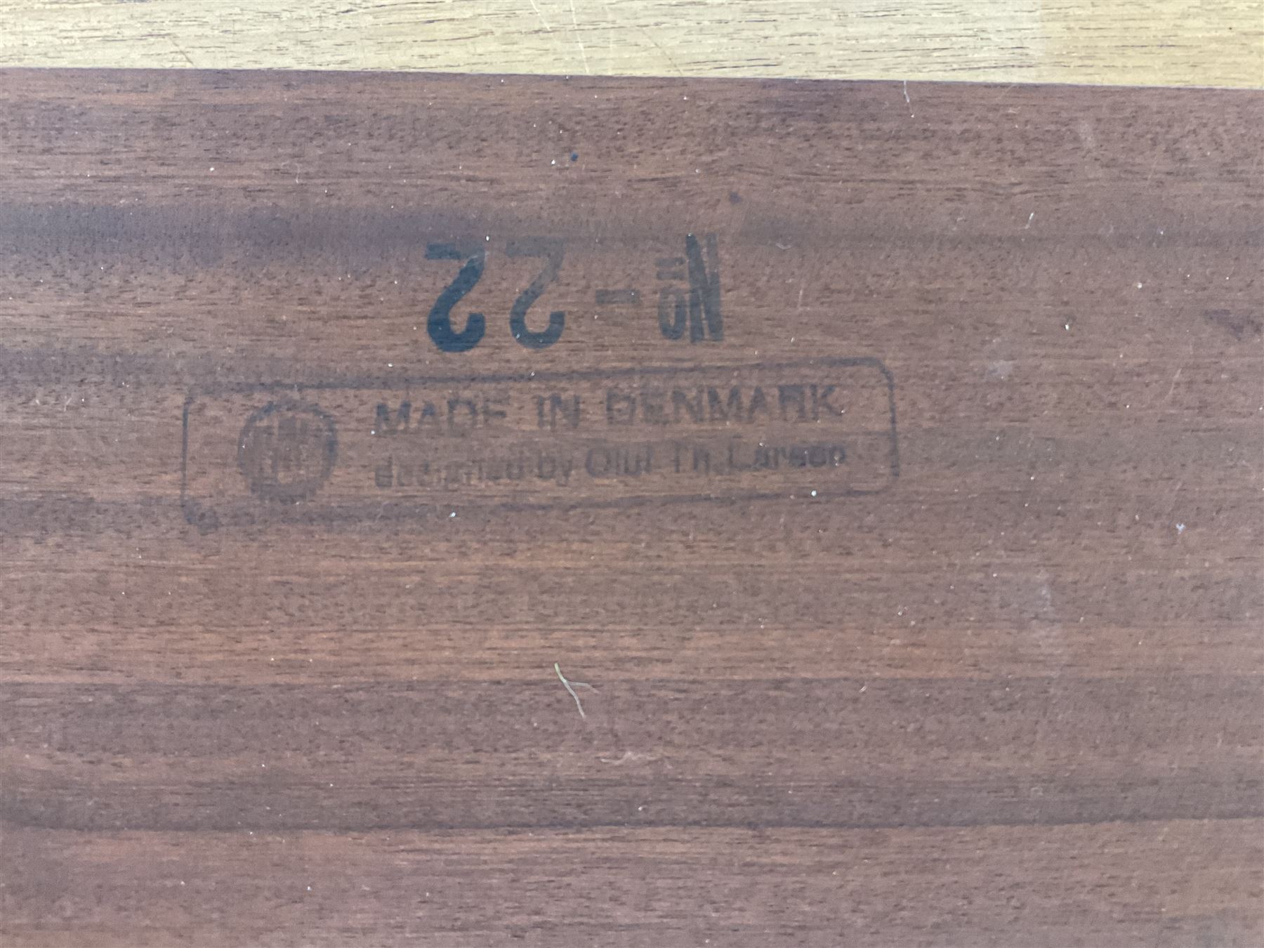 Oluf Theodore Larsen for NMB - mid-20th century teak extending dining table with two additional leaves, on splayed supports (261cm x 95cm x 73cm), and set four (2+2) mid-20th century teak dining chairs with high vertical slatted back on tapered supports (54cm x 51cm x 99cm)