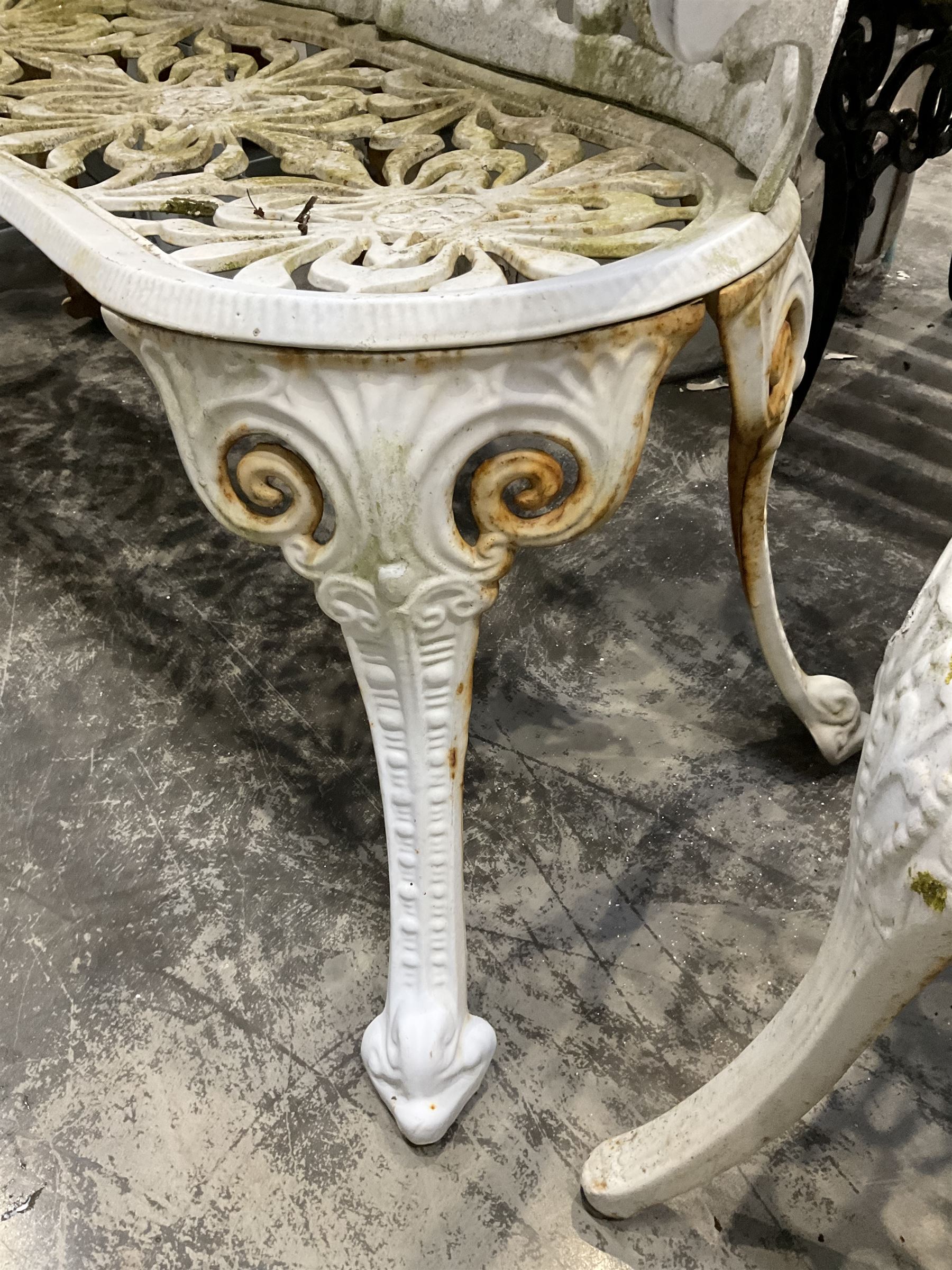 Cast aluminium white painted bench and two chairs - THIS LOT IS TO BE COLLECTED BY APPOINTMENT FROM DUGGLEBY STORAGE, GREAT HILL, EASTFIELD, SCARBOROUGH, YO11 3TX