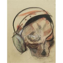 Trevor Hugh Stubley (British 1932-2010): Skull with Earmuffs, mixed media signed, titled verso 32cm x 25cm
