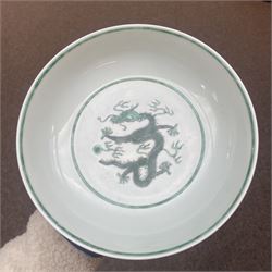 Chinese Guangxu period green and white bowl decorated with dragons on a scaled ground, character mark to base D18.5cm