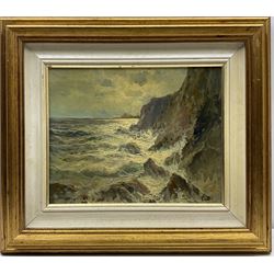Lori (Italian 20th century): 'Mareggiata' on a Rocky Coastline, oil on board signed, titled on exhibition label verso 23cm x 29cm