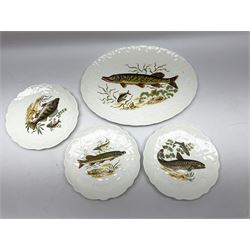 Aynsley serving plate decorated with fish pattern along with three matching plates, pair Torquay pottery vases with yacht scenes, Ridgway pottery 'Stubborn Donkey' plate and Blackpool vase, circa 1910 and Bridlington Angling Society fish jug