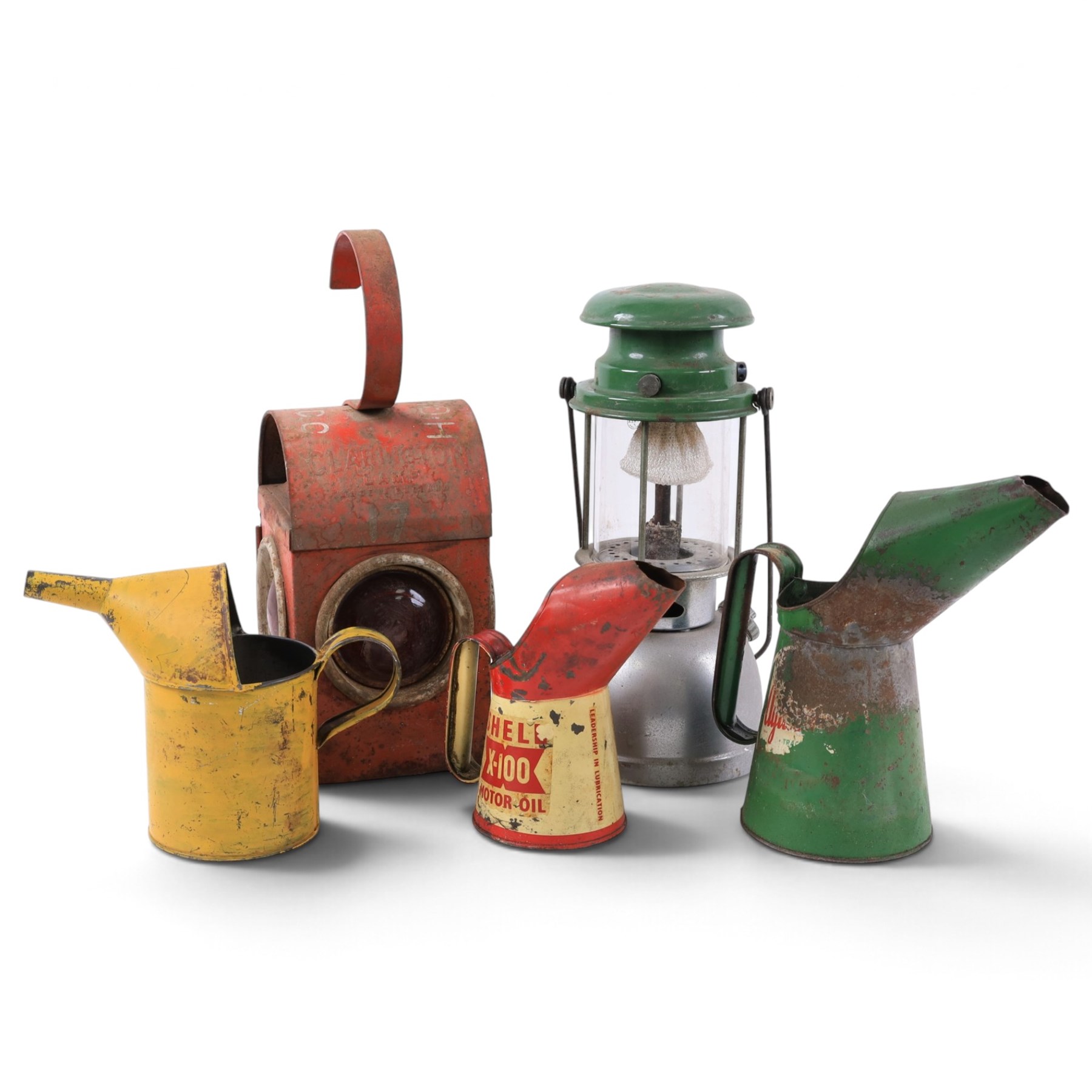 Clarington Highways lamp, together with a bialaddin lamp and three oil jugs
