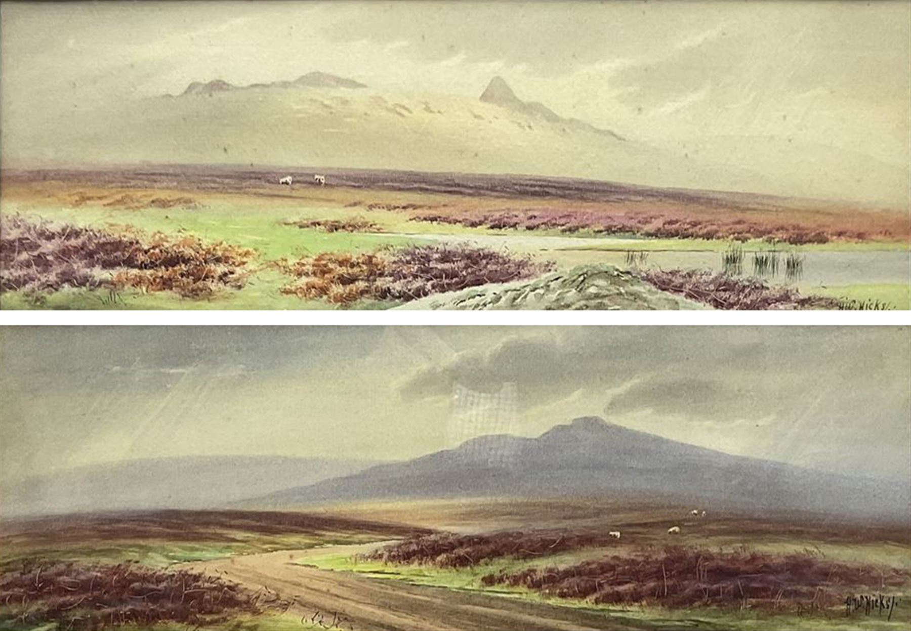 Herbert William Hicks (British 1880-1944): 'King's Tor near Princetown' and 'Cox Tor near Tavistock' Dartmoor, pair watercolours signed, titled on the mounts 13cm x 36cm (2)