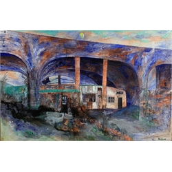 Barbara Mary Russon (British 1930-2007): Sheds under the Viaduct, oil on canvas signed 64cm x 97cm (unframed)
Provenance: Midlands artist and book illustrator who spent time in Sri Lanka and teaching art in Wolverhampton. Her work has been exhibited at The Herbert Art Gallery, Clare College Cambridge and Worcester City Museum