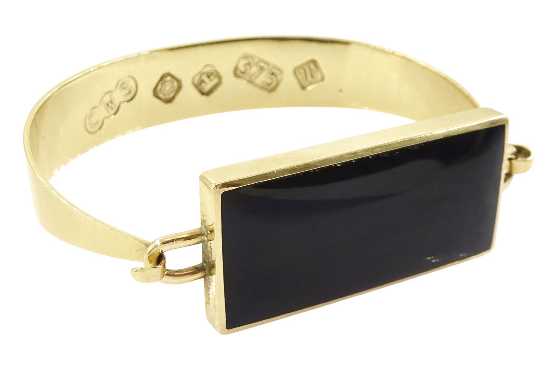 9ct gold rectangular Whitby jet, wide bangle by C W Sellors, Sheffield 1996