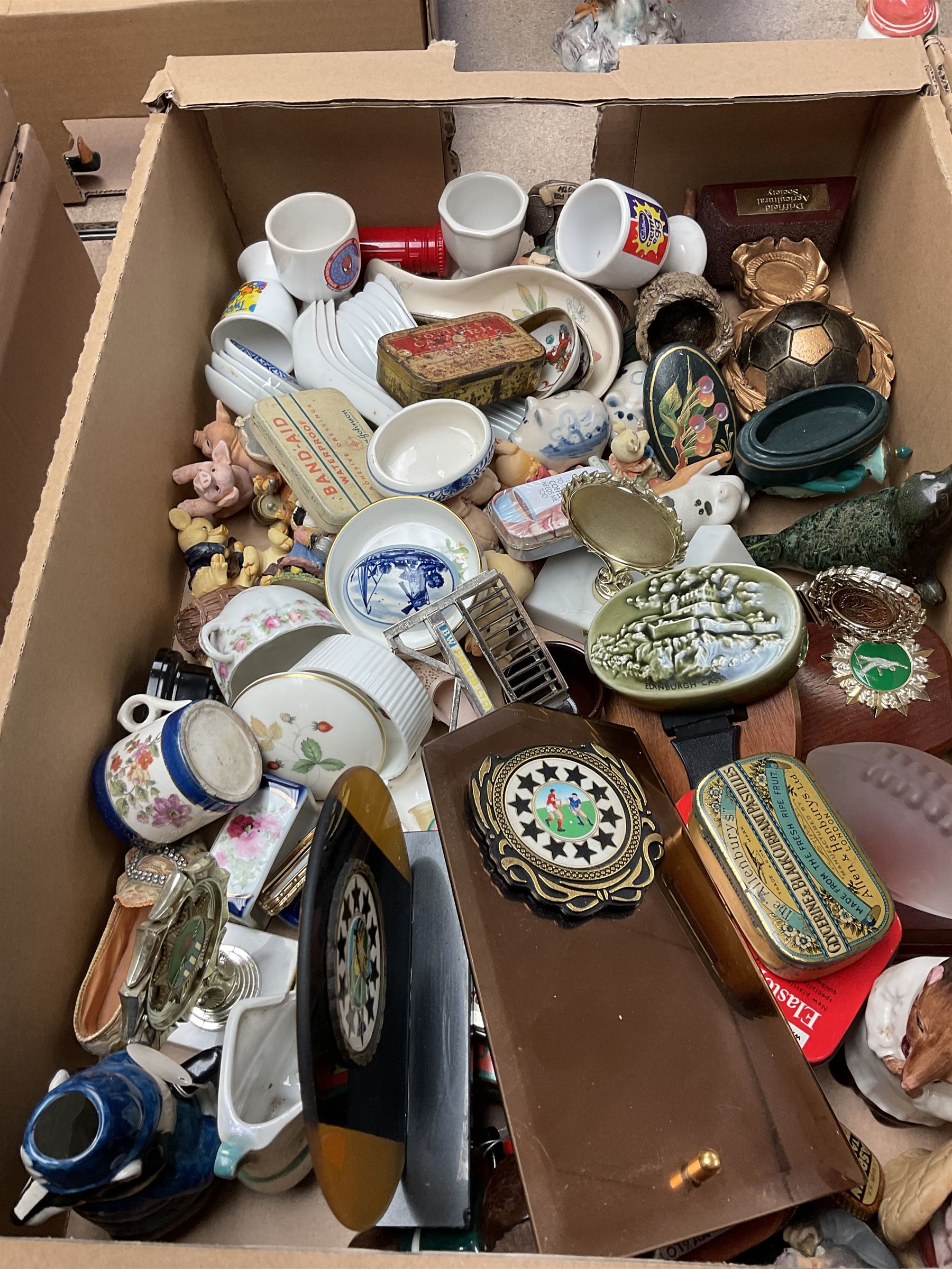 Collection of model pigs, Staffordshire Woodland Collection figures, trophies etc in three boxes