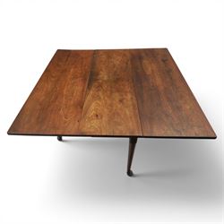 18th century solid walnut drop leaf table, with gate legs terminating in pad feet