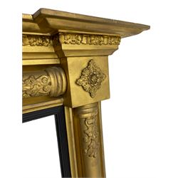 Regency giltwood and gesso over-mantel mirror, three mirror plates in moulded and ebonised slips, surrounded by columns decorated with moulded foliage