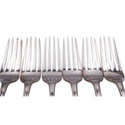 Set of six Victorian York silver table forks, the terminals detailed with Yorkshire rose to underside, hallmarked James Barber & William North, York 1838, each bearing town mark, L21cm, approximate weight 18.01 ozt (560.1 grams)
