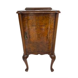 Early to mid-20th century burr walnut bedside cabinet, serpentine front, fitted with single cupboard door, raised on cabriole supports