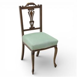 Late Victorian mahogany side chair, the carved cresting rail above a pierced and carved sp...