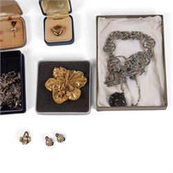 Silver charm bracelet, bangle and locket, 9ct gold back and front heart locket and a collection of costume jewellery