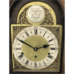  Early 20th century oak Grandmother clock with arched brass dial, triple train movement chiming the quarters on rods, H166cm  