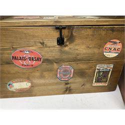 Three vintage suitcases of various sizes, together with a wooden chest, chest H38cm
