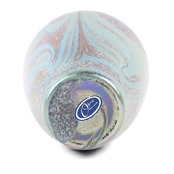 Okra scent bottle, of squat form with marbled blue iridescent design, together with Okra vase, dish and another similar art glass vase, scent bottle H12cm