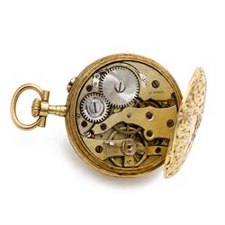 French 19th / early 20th century 18ct gold ladies cylinder fob watch, white enamel dial with Arabic hour markers, the back case set with rose cut diamonds, surrounded by embossed foliate decoration and engraved with initials 'D A', horses head hallmark