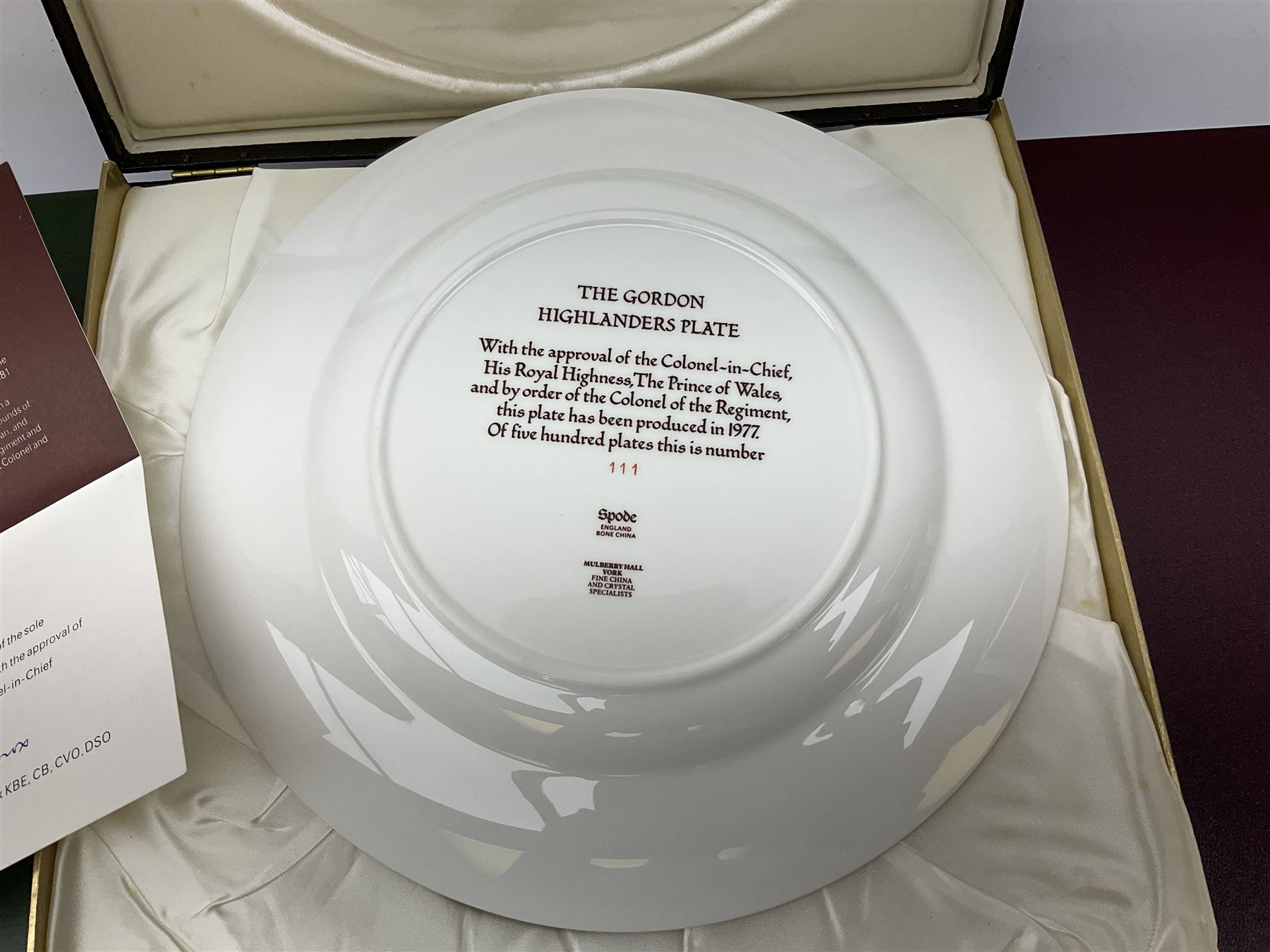 Seven limited edition Spode Military collector's plates comprising The Argyll & Sutherland Highlanders, The Gordon Highlanders, The Royal Hampshire Regiment, The Royal Welch Fusilliers, The Cheshire Regiment, The Gloucestershire Regiment and The United States Marines, all boxed and with certificate  (7)