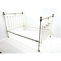 Victorian cream painted metal and brass 4’ 6” double bedstead, 140cm, 200cm