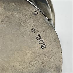 Early 20th century silver novelty inkwell, modelled as a ship's port lantern, with swing handle, convex red glass panel and hinged cover opening to reveal a glass liner, hallmarked Samuel Jacob, London 1911, height not including handle H8.5cm