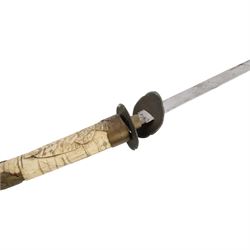 Japanese Bone Tanto, with 20cm single edged blade, with carved bone handle and scabbard, with figural decoration, overall L48cm