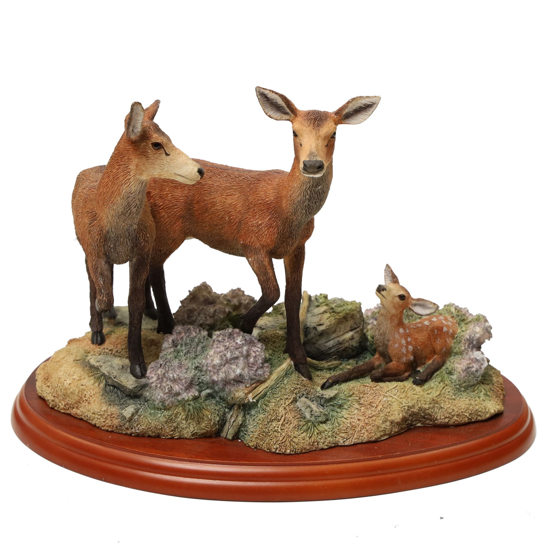 Border Fine Arts group 'Red Hind, Follower & Calf', another of a deer by James Harvey 262/850, another 'Red Hind & Calf' by David Walton and a Sherratt & Simpson group of deer (4) 