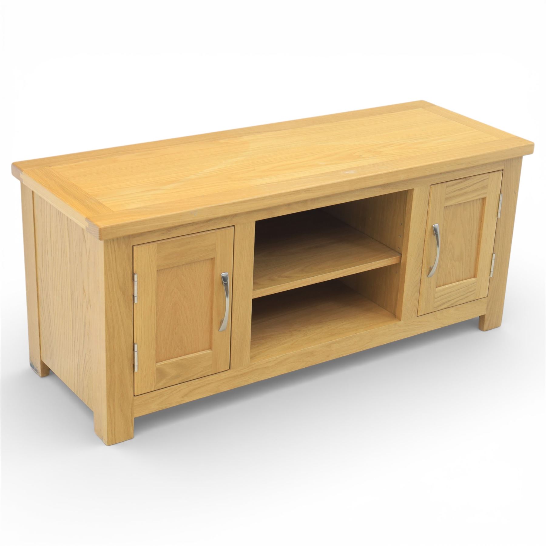 Contemporary oak television media cabinet, rectangular top fitted with two cupboards and central open shelf