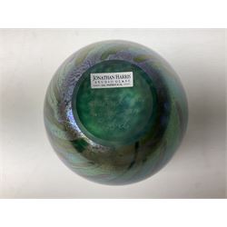 RTV -Jonathan Harris glass cup vase in the 'Everglades' pattern, of floral and striped blue, green and purple iridescent design, with etched 'Ironbridge 2004' mark beneath, with box, H11cm