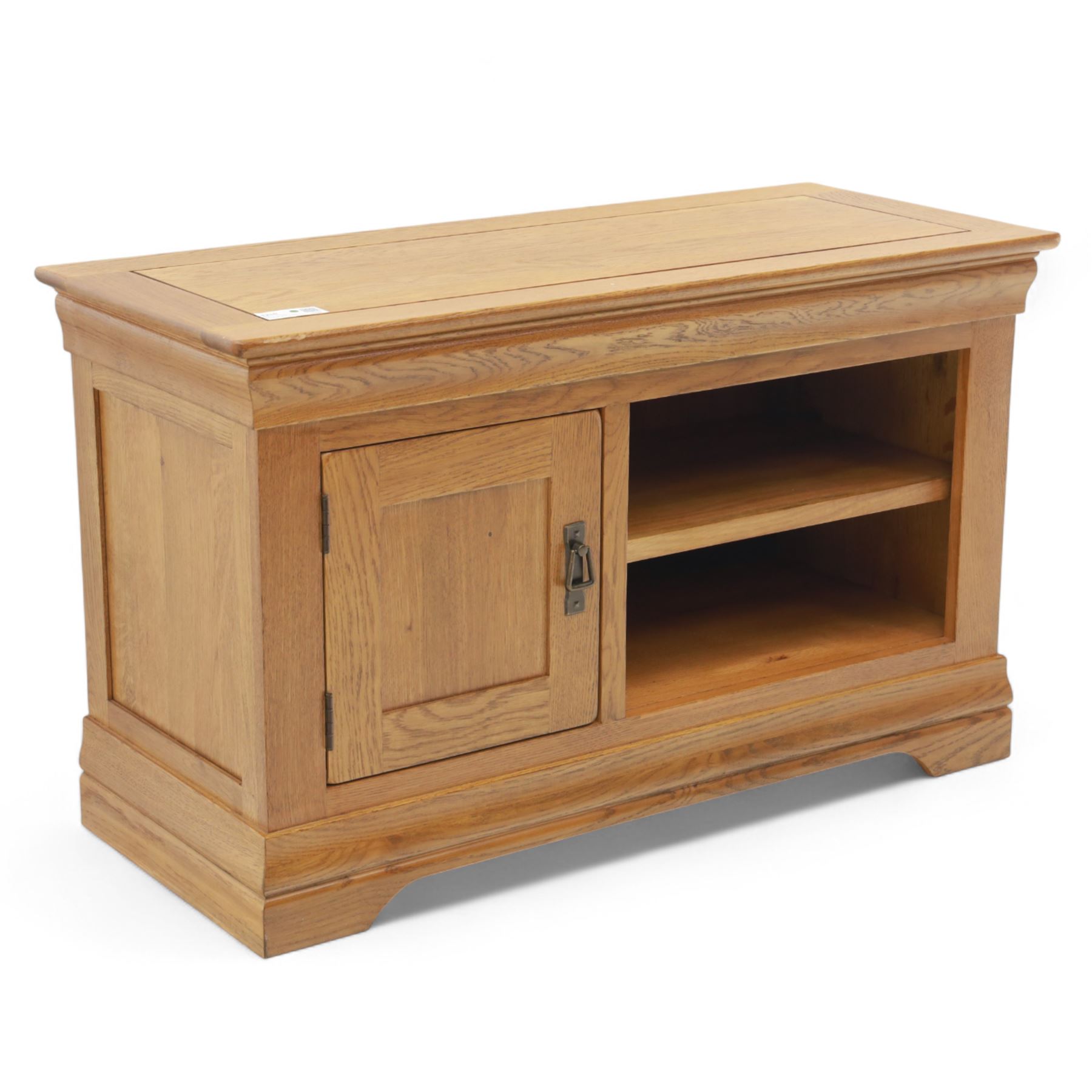 Oak Furnitureland - television and media cabinet, rectangular top with framed edge, fitted with single cupboard and open shelved section, on a stepped and shaped plinth