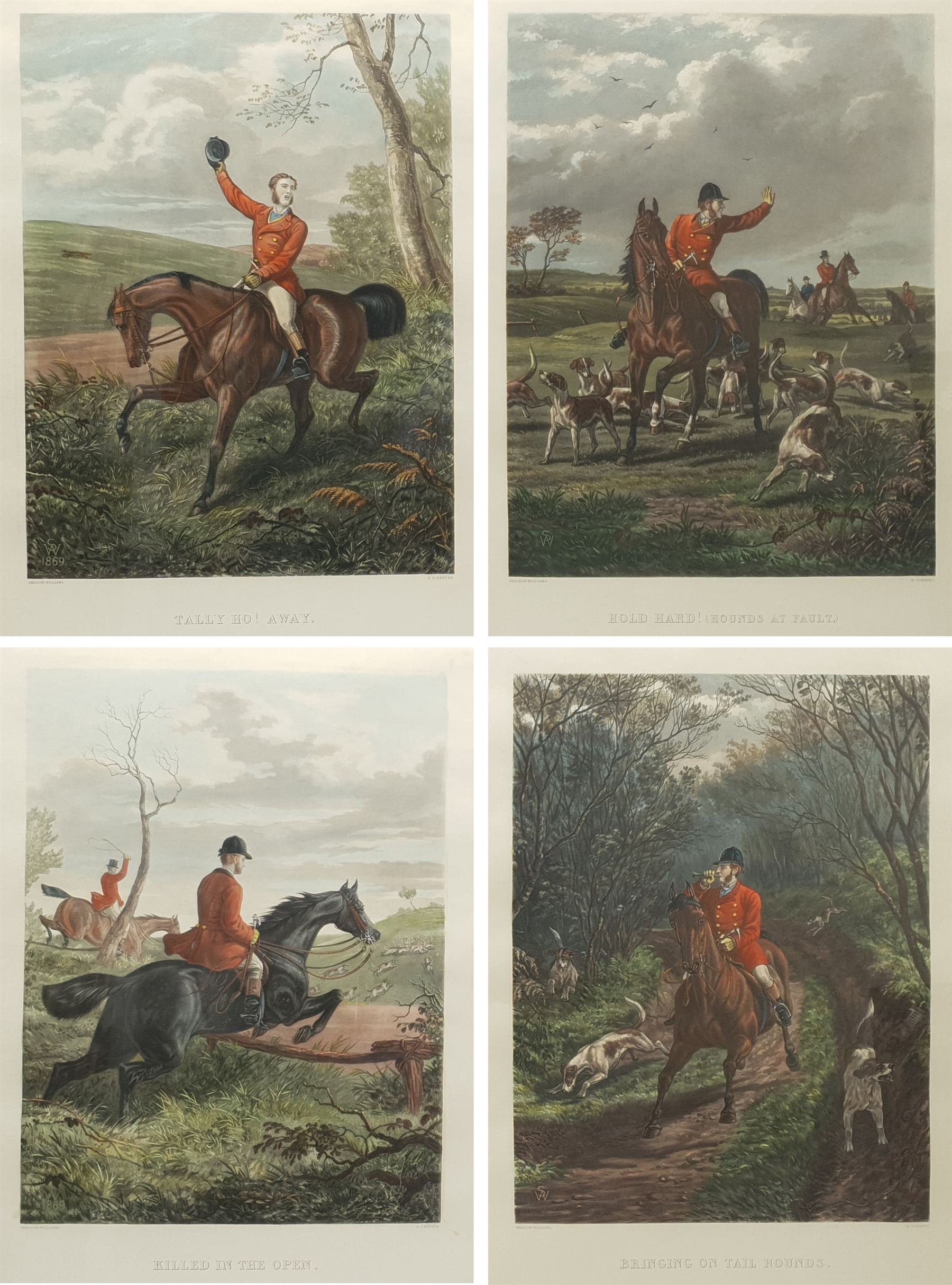 After Alfred Sheldon Williams (British 1841-1880): 'Tally Ho! Away' 'Killed in the Open' 'Hold Hard! (Hounds at Fault)' and 'Bringing on Tail Hounds', two pairs hand-coloured lithographs by E G Hester and W Summers 48cm x 38cm (4)