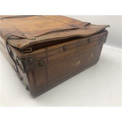 Late 19th/early 20th century stitched and studded leather portmanteau type suitcase with expanding lid and straps, L61cm