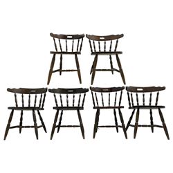 Mixed set of six tub-shaped elbow chairs, curved and shaped cresting rail on turned balustrade, on turned supports joined by turned H stretchers 